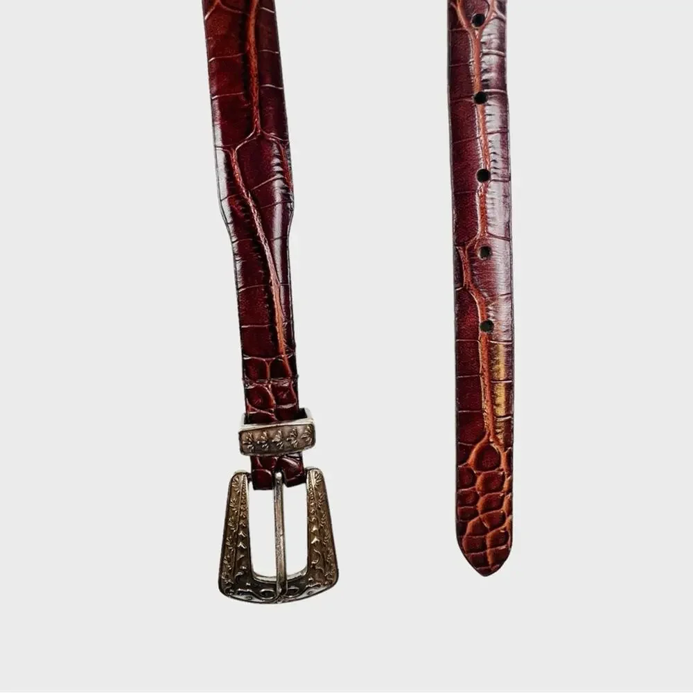 Lake Shore Drive Leather Belt Size M Silvertone Ornate Buckle Hinge Inserts Boho